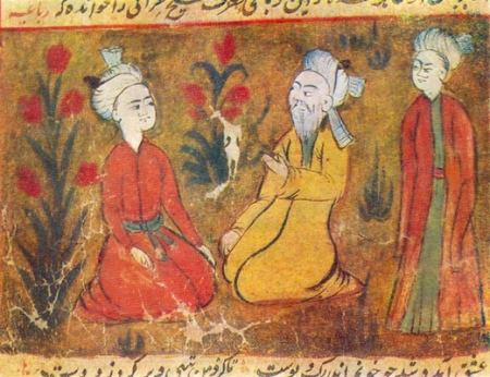 Amir Khusrau teaching his disciples, miniature from a manuscript of Majlis al-Ushshaq by Husayn Bayqarah