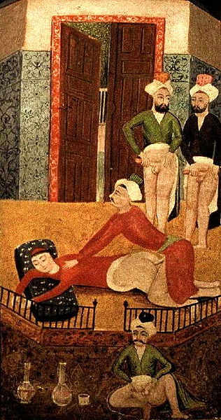 Ottoman illustration depicting a young man used for group sex -from Sawaqub al-Manaquib